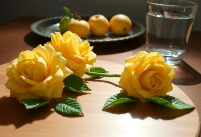 Kunstvoll gestaltetes Marzipanarrangement auf Holztisch mit Licht- und Schatteneffekten