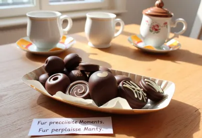 Handgefertigte Pralinen und russischer Teegenuss auf einem Holztisch präsentiert
