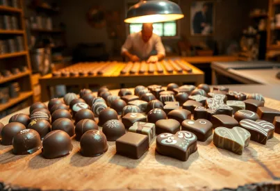 Handgefertigte Pralinen: Herstellung und Präsentation in einem Schokoladenatelier in Brügge