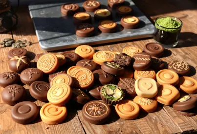 Pralinenarrangement auf rustikalem Holztisch mit dekorativen Details