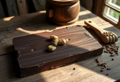 Handgefertigte dunkle Schokolade mit Haselnüssen auf rustikalem Holztisch präsentiert traditionelle Herstellungsmethoden