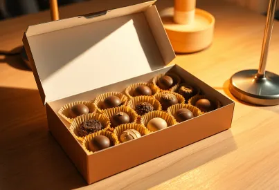 Nahaufnahme einer geöffneten Pralinenschachtel auf einem Holztisch mit zwölf Pralinen in goldfarbenen Papiermanschetten.