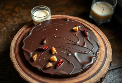 Nahaufnahme einer handgefertigten dunklen Schokoladentafel mit Himbeeren und Kakaonibs auf Holzbrett