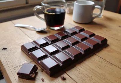 Schokoladentafel auf Holztisch mit Kaffee und Löffel in Café-Atmosphäre