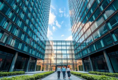 Architektonische Merkmale eines modernen Bürokomplexes in Singapur: Glas- und Stahlfassade mit rhythmischen Metallakzenten