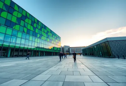 Postmoderner Gebäudekomplex mit farbiger Glasfassade und dynamischen Formen im urbanen Umfeld