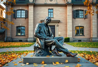 Bronzeskulptur eines nachdenklichen Mannes vor historischem Gebäude im Herbstlicht