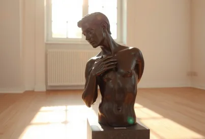 Bronzeskulptur in lichtdurchflutetem Raum: Beschreibung und Atmosphäre