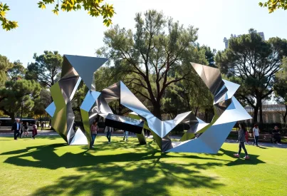 Moderne Skulptur aus Edelstahl in Barcelonas Park: Geometrische Formen und Lichteffekte