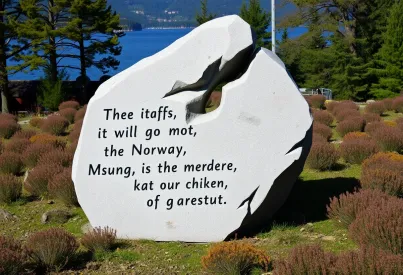 Abstrakte Granitskulptur in norwegischer Fjordlandschaft: Harmonische Verbindung von Kunst und Natur