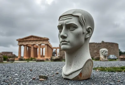 Steinskulptur mit menschlicher Figur vor Tempelruinen im diffusen Licht