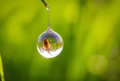 Makrofotografie eines Tautropfens auf einem Grashalm im Morgenlicht