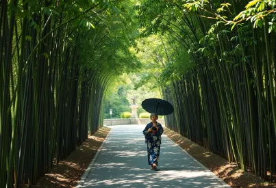 Spaziergang einer älteren Frau im Kimono durch einen Bambusweg in Kyoto, Japan