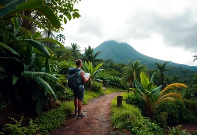 Wanderer auf einem Dschungelpfad in Costa Rica vor einem Vulkanhintergrund