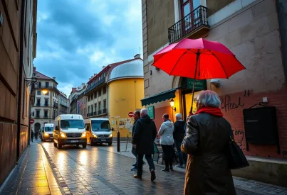 Verregneter Nachmittag in der Altstadt von Lissabon: Alltagsszenen auf einem schmalen Gehweg
