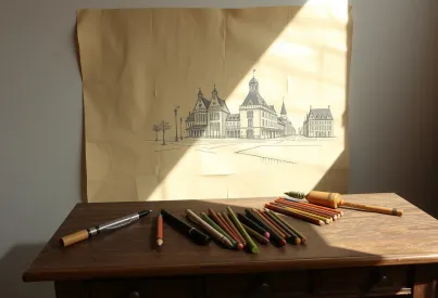 Antiker Schreibtisch mit historischen Zeichengeräten und Jugendstil-Skizze im Fokus