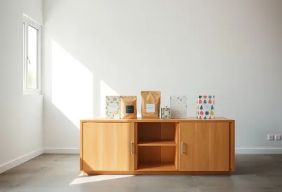 Minimalistisches Regal mit farbenfrohen Verpackungsdesigns in modernem Raum