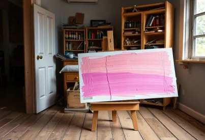 Atelier mit alter Staffelei und unvollendeter Leinwand in blauen Tönen