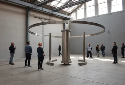 Kinetische Installation aus poliertem Edelstahl mit Licht- und Schattenspiel in industriellem Raum