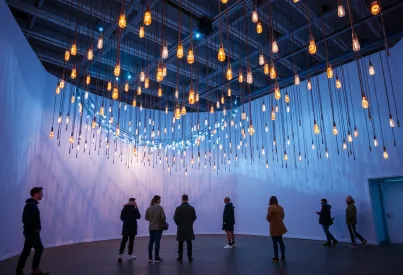 Lichtinstallation aus Neonröhren: Geometrische Schatten und wechselndes Farbenspiel in einem abgedunkelten Raum