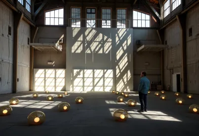 Skulpturale Installation aus Stahl und Glas mit Lichteffekten in einer Industriehalle