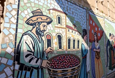 Darstellung eines antiken römischen Marktes in einem Mosaik in Ravenna, Italien