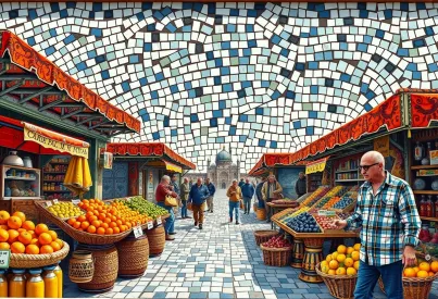 Darstellung eines marokkanischen Basars in römischer Mosaikkunst mit Keramik- und Glasmosaiksteinen