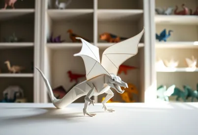 Origami-Drache aus Washi-Papier: Detaillierte Falttechnik und Präsentation im Atelierumfeld