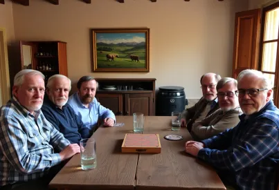 Männer beim Kartenspiel in einem toskanischen Gasthaus bei Abendsonne