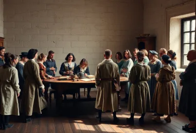 Historische Beratungsszene aus dem Jahr 1620: Menschen unterschiedlicher sozialer Schichten umgeben von Dokumenten und Tintenfässern an einem Holztisch