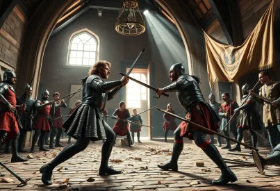 Historische Schlachtszene aus dem 16. Jahrhundert in einem Saal mit Rüstungen und Waffen