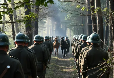 Soldaten im Marsch durch dichten Wald mit Karren und Lagerfeuer im Hintergrund