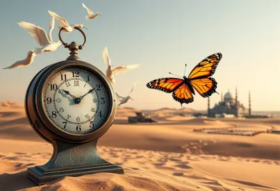 Alchemistische Standuhr in surrealer Wüstenlandschaft mit gläserner Stadt und Schmetterling