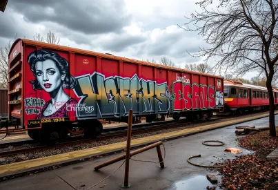 Graffiti-Kunst auf verlassenem Eisenbahnwaggon im Rangierbahnhof