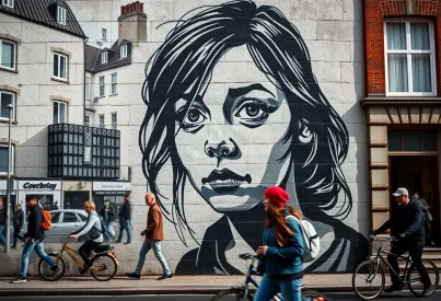 Stencil-Art auf Backsteinmauer in Bristol: Porträt eines nachdenklichen Mädchens im urbanen Umfeld
