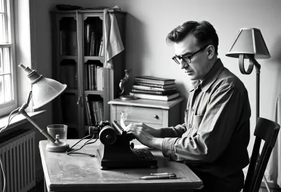 George Orwell bei der Arbeit an seiner Schreibmaschine in einem schlichten Raum der 1940er Jahre
