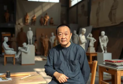 Porträt von Ai Weiwei in seinem Pekinger Atelier mit Skulpturen und unvollendeten Arbeiten im Hintergrund