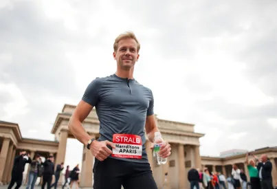 Marathonläufer vor dem Brandenburger Tor bei bewölktem Himmel und nassen Bedingungen in Berlin