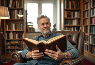 Ein Mann liest in einem stilvoll eingerichteten Raum ein altes Buch