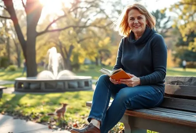 Frau liest Buch auf Parkbank in Toronto bei sonnigem Wetter