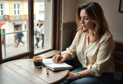 Frau beim Notieren im Café in Lissabons Altstadt