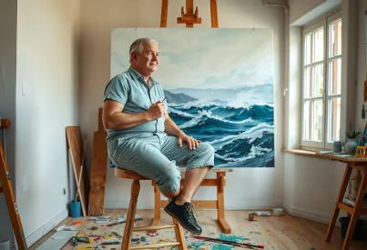 Maler in Atelier vor unvollendetem Meereslandschaftsgemälde