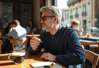 Mann in Café in Lissabon: Nachdenklicher Moment mit Espresso und Notizblock