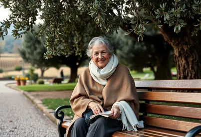 Ältere Dame auf Parkbank unter Olivenbaum in italienischem Park bei Sienna