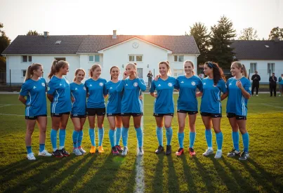 Frauenfußballteam nach einem erfolgreichen Spiel auf dem Rasenplatz