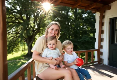 Familienporträt auf einer Veranda im Schwarzwald mit traditioneller Architektur und Tannenwäldern im Hintergrund