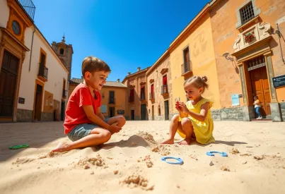 Kinder beim Spielen in einem Innenhof in Sevilla: Eine Momentaufnahme kindlicher Kreativität und Unbeschwertheit