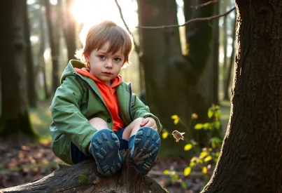 Junge im Wald: Beobachtung eines Marienkäfers auf einem Baumstamm