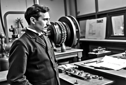 Nikola Tesla betrachtet konzentriert eine Tesla-Spule in seinem Labor in Colorado Springs