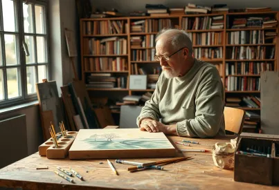 Ein älterer Künstler im Atelier: Konzentration auf ein unvollendetes Landschaftsgemälde